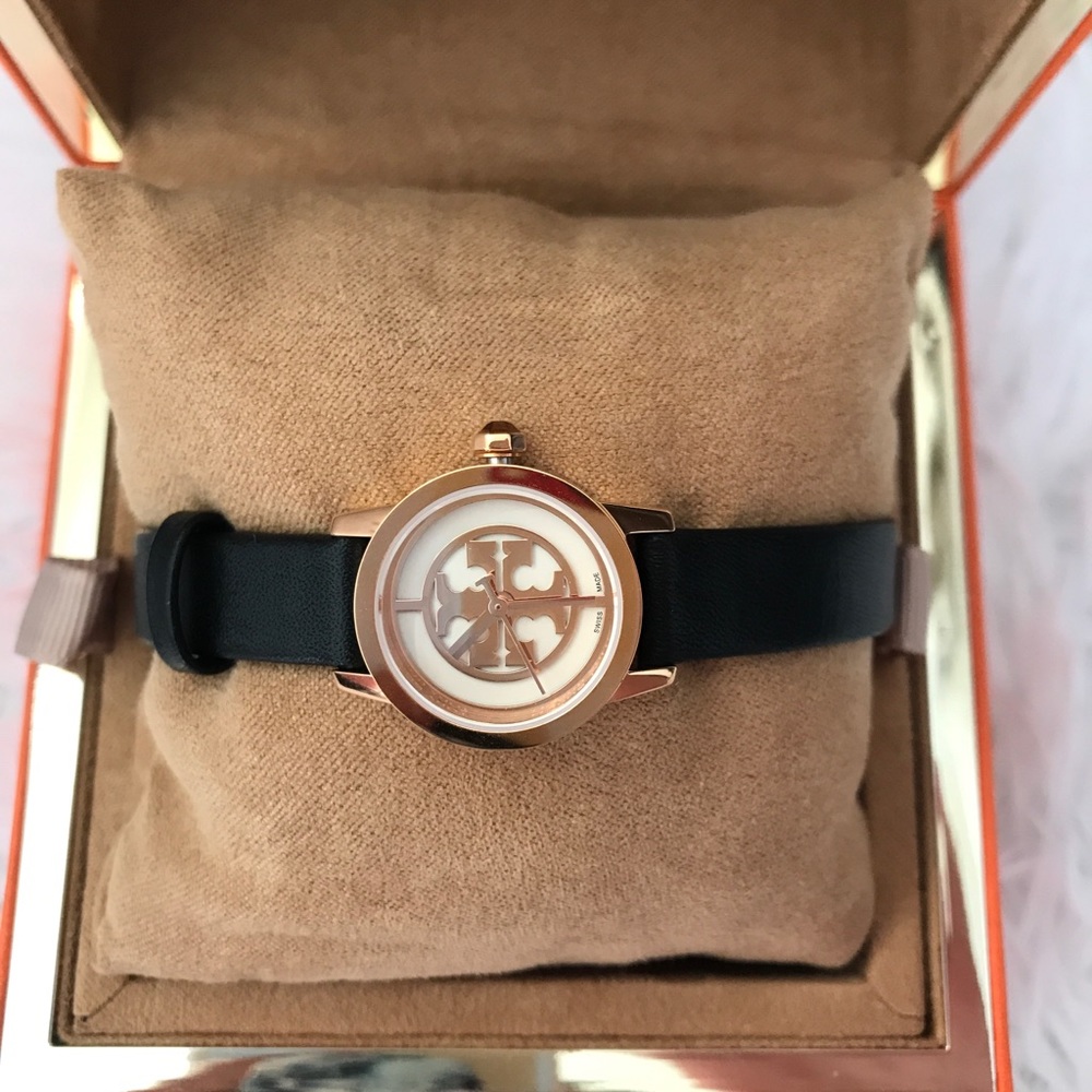 Tory Burch Black Leather/Rose Gold Tone Reva Watch